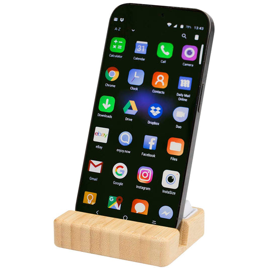 Supporto per telefono in plastica riciclata e giocattolo antistress con dettagli in bambù Algol personalizzato con logo - Pubblienne