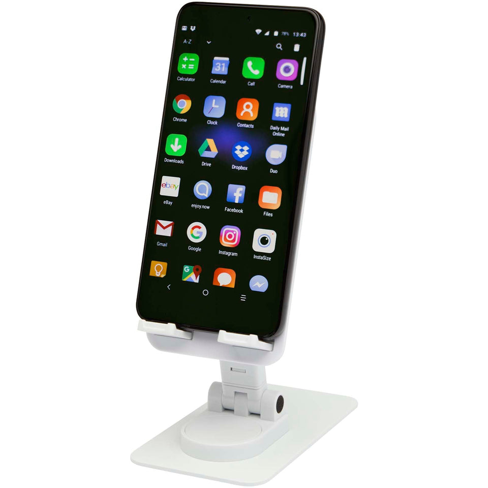 Supporto per telefono pieghevole in plastica riciclata con supporto da tavolo in metallo Alhena personalizzato con logo - Pubblienne