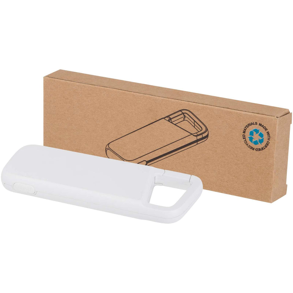 Power bank impermeabile in plastica riciclata da 5.000 mAh e 12 W con moschettone Alkes personalizzato con logo - Pubblienne