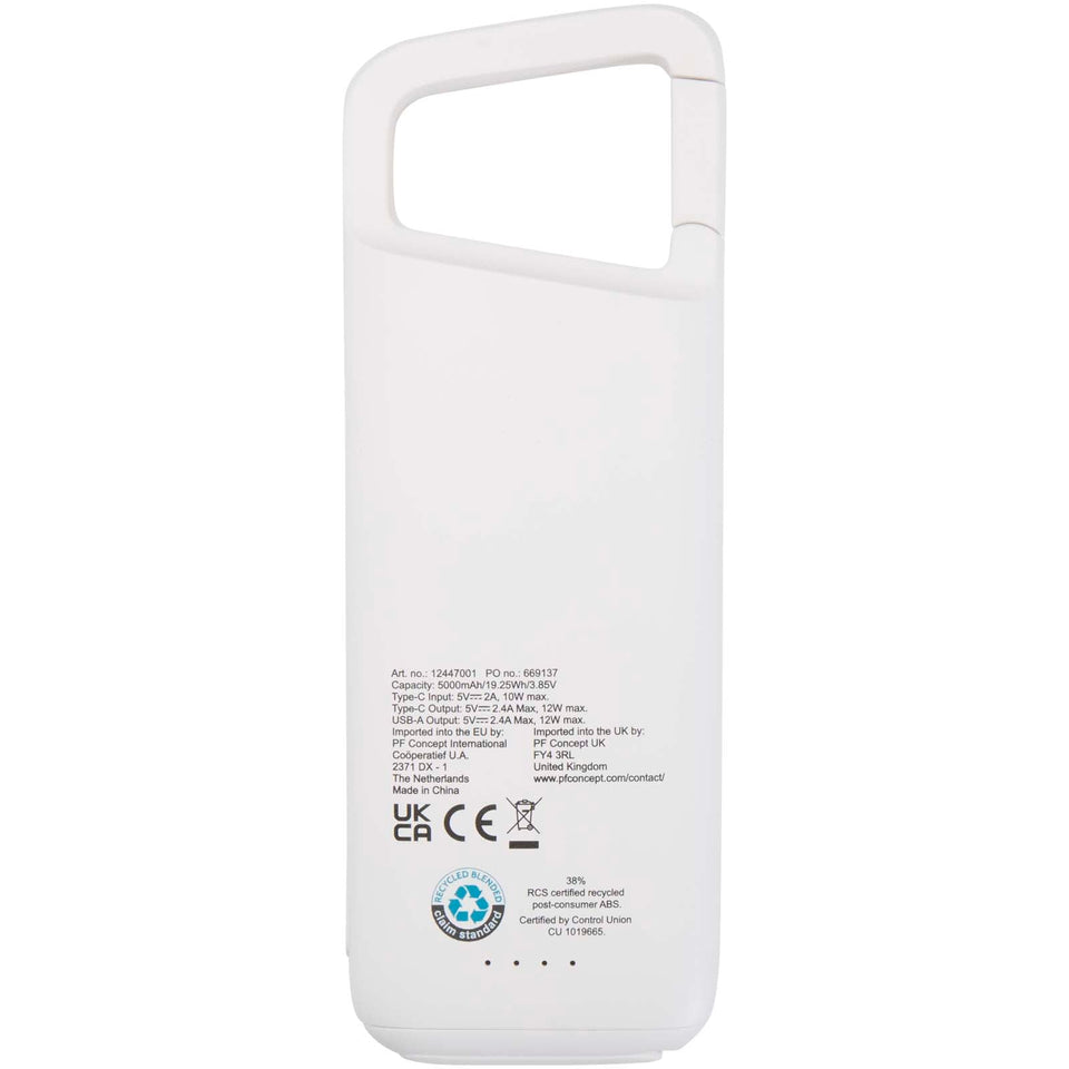 Power bank impermeabile in plastica riciclata da 5.000 mAh e 12 W con moschettone Alkes personalizzato con logo - Pubblienne