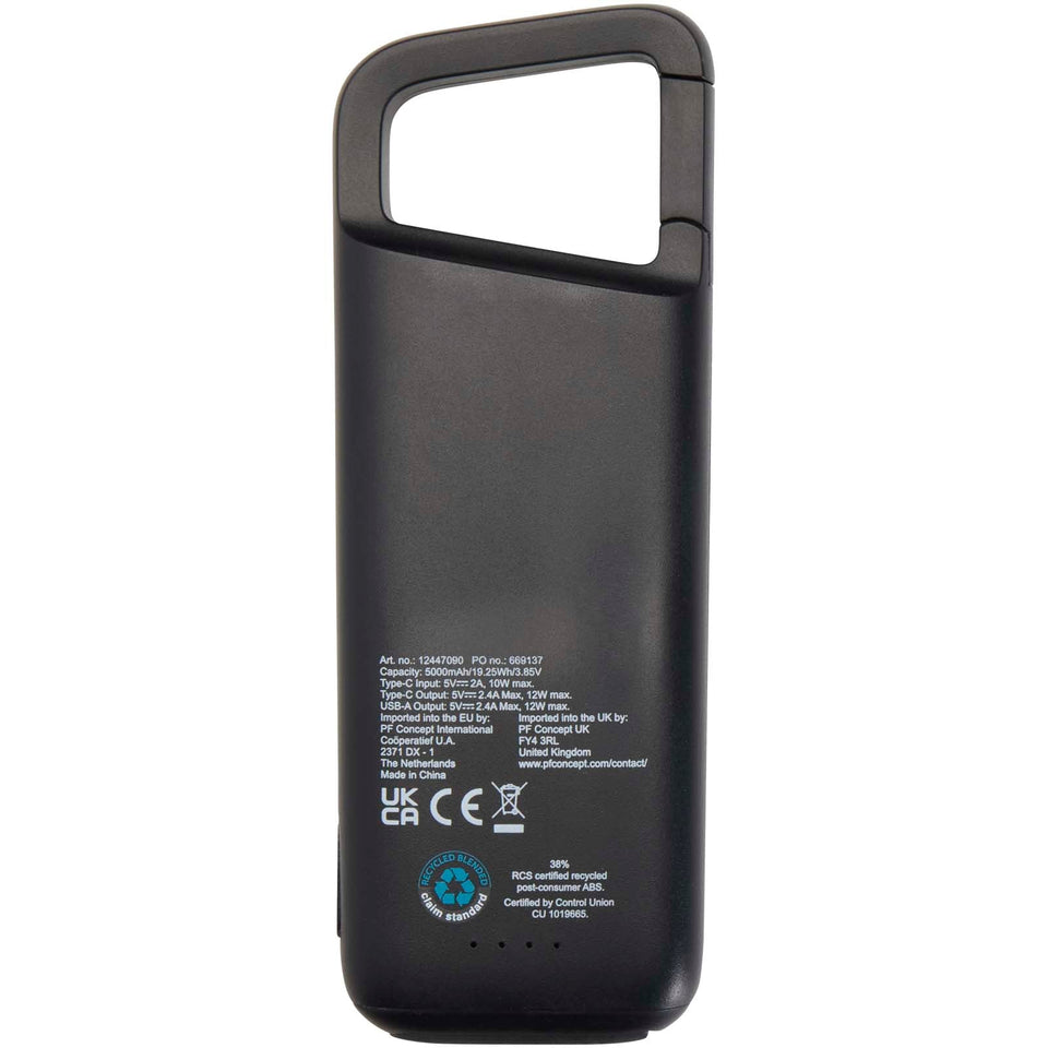 Power bank impermeabile in plastica riciclata da 5.000 mAh e 12 W con moschettone Alkes personalizzato con logo - Pubblienne