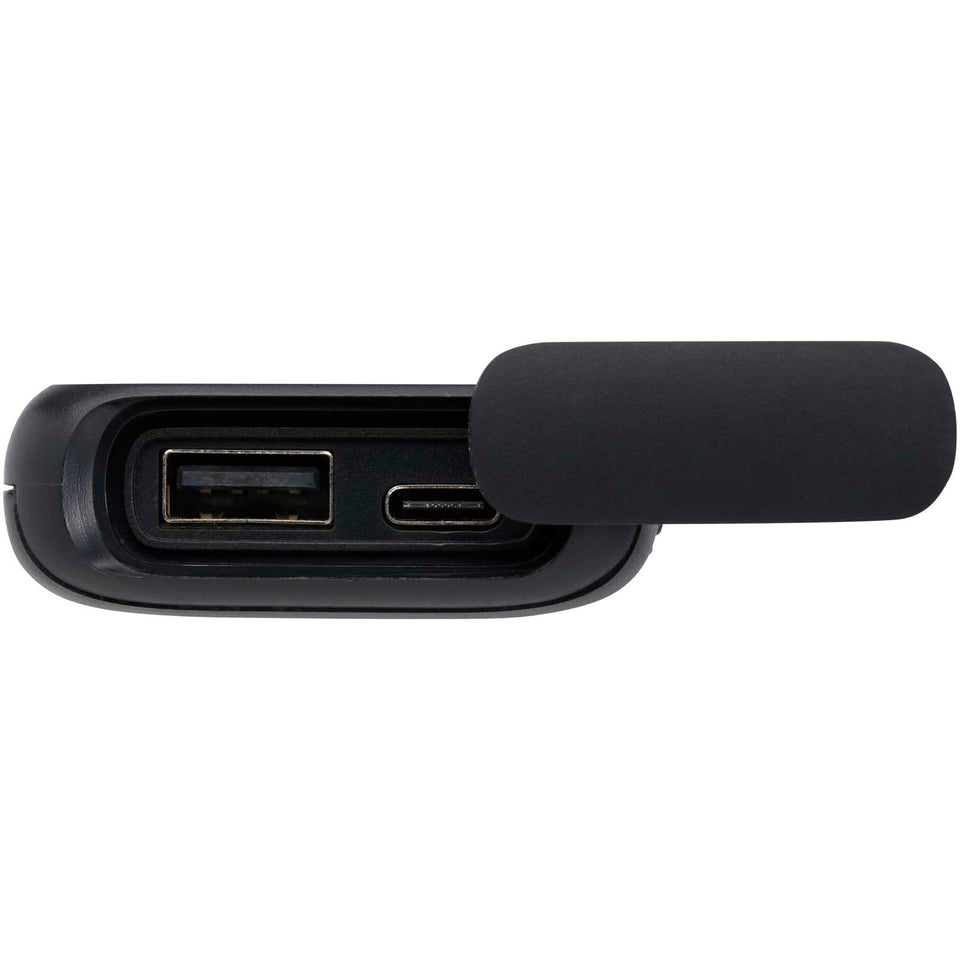 Power bank impermeabile in plastica riciclata da 5.000 mAh e 12 W con moschettone Alkes personalizzato con logo - Pubblienne