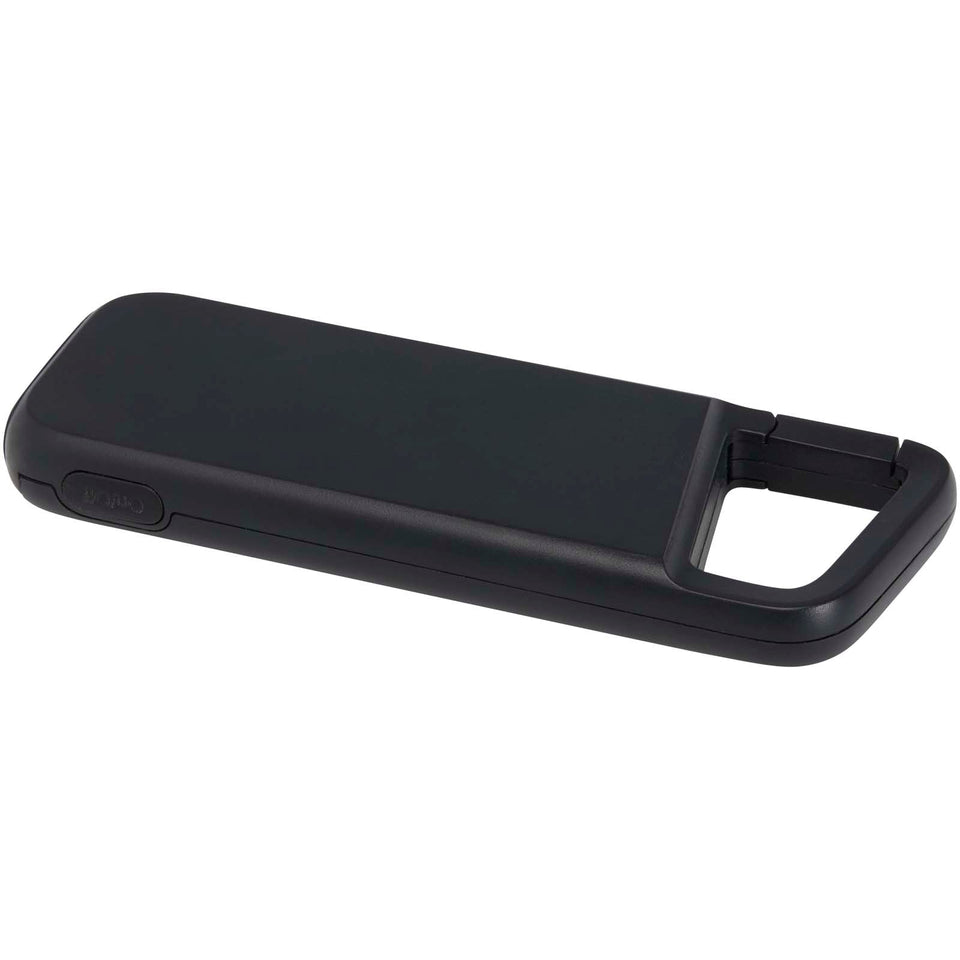 Power bank impermeabile in plastica riciclata da 5.000 mAh e 12 W con moschettone Alkes personalizzato con logo - Pubblienne