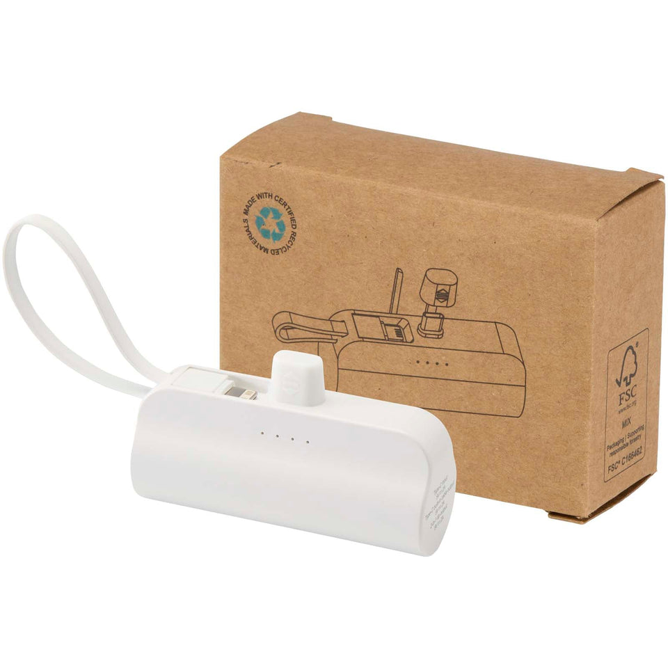 Power bank Tipo-C da 5.000 mAh e 10 W in plastica riciclata con supporto ribaltabile integrato e cavo 2 in 1 Alnair personalizzato con logo - Pubblienne