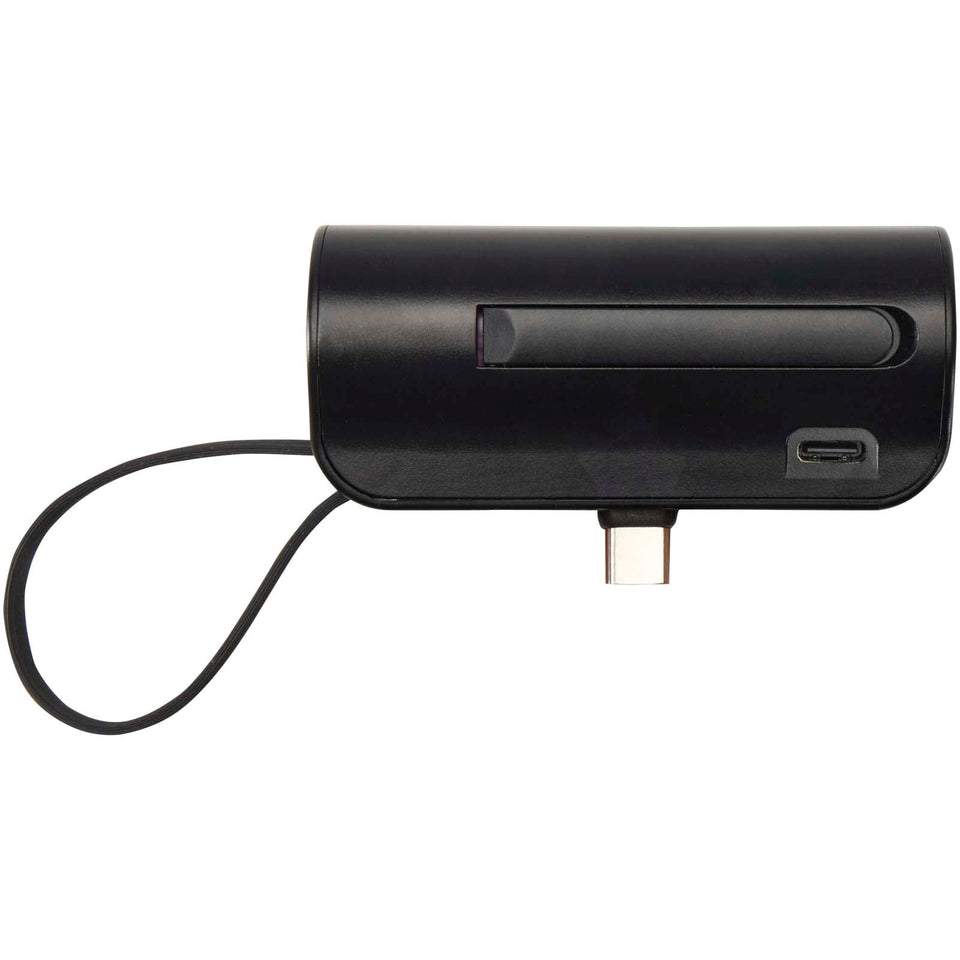 Power bank Tipo-C da 5.000 mAh e 10 W in plastica riciclata con supporto ribaltabile integrato e cavo 2 in 1 Alnair personalizzato con logo - Pubblienne