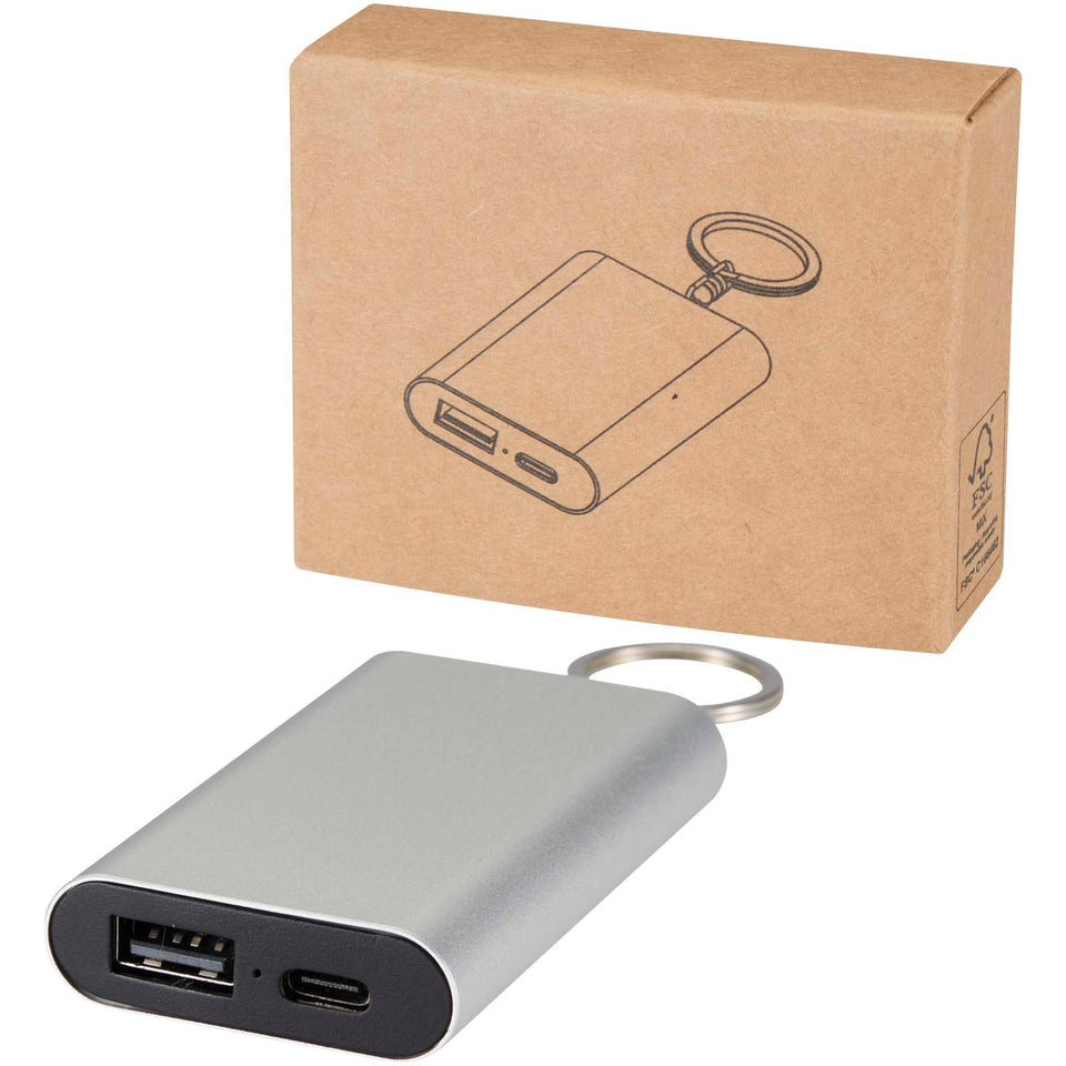 Power bank da 2000 mAh in alluminio riciclato con portachiavi Arcturus personalizzato con logo - Pubblienne