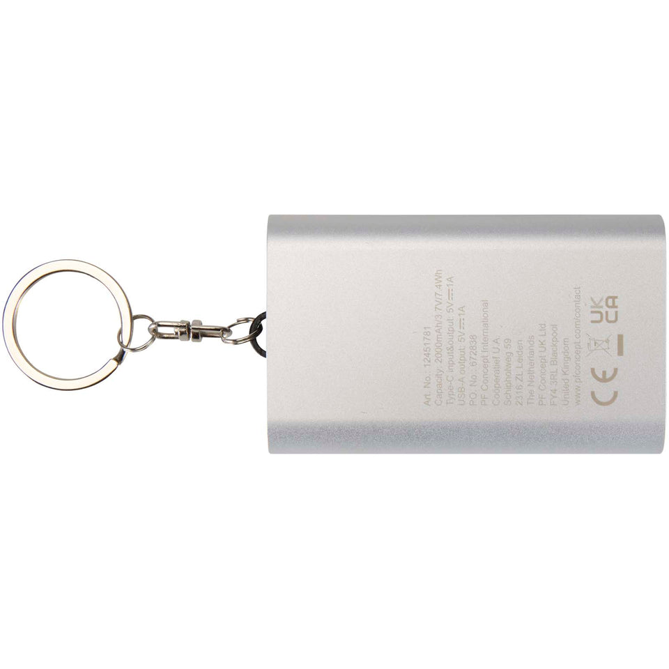 Power bank da 2000 mAh in alluminio riciclato con portachiavi Arcturus personalizzato con logo - Pubblienne