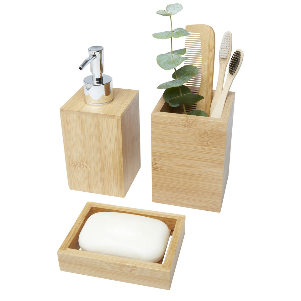 Set da bagno Hedon da 3 pezzi in bambù personalizzato con logo - Pubblienne
