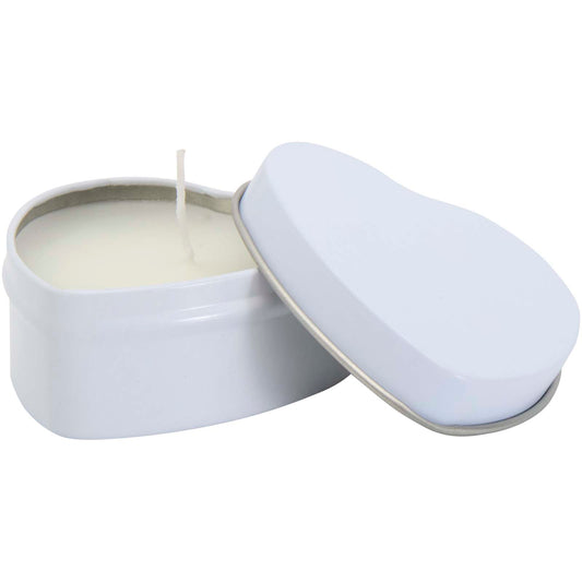 Candela in scatola di latta a forma di cuore all'aroma di vaniglia Blissful personalizzato con logo - Pubblienne