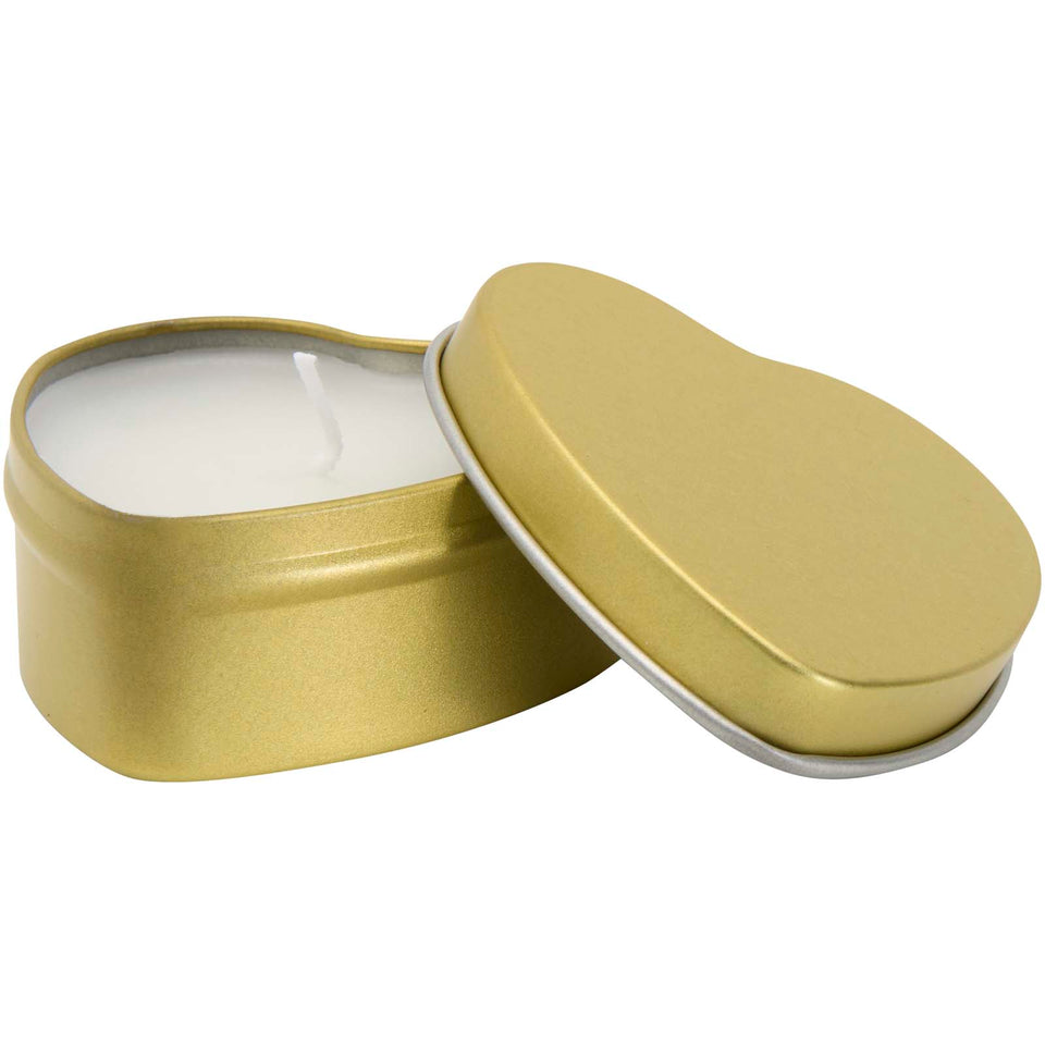Candela in scatola di latta a forma di cuore all'aroma di vaniglia Blissful personalizzato con logo - Pubblienne