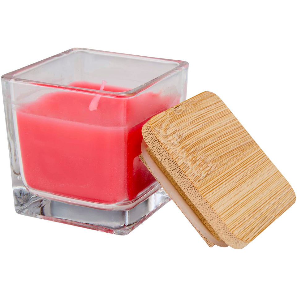 Candela quadrata in vetro con coperchio in bambù Ambra personalizzato con logo - Pubblienne
