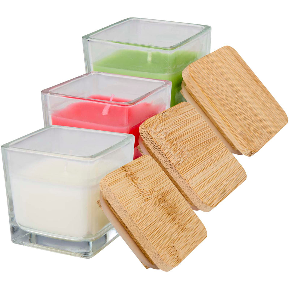 Candela quadrata in vetro con coperchio in bambù Ambra personalizzato con logo - Pubblienne
