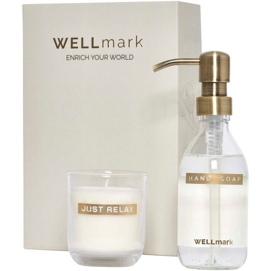 Set di dispenser di sapone per le mani da 250 ml e candela profumata da 150 g Wellmark Discovery personalizzato con logo - Pubblienne