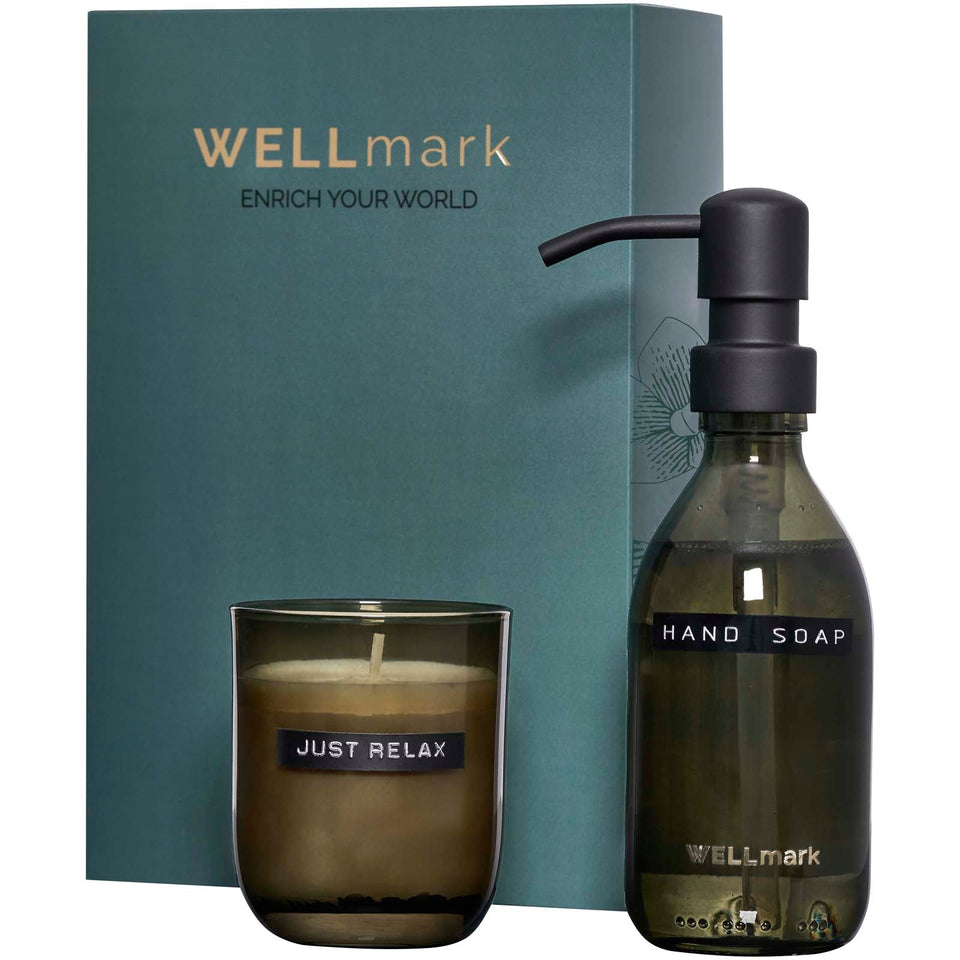 Set di dispenser di sapone per le mani da 250 ml e candela profumata da 150 g Wellmark Discovery personalizzato con logo - Pubblienne