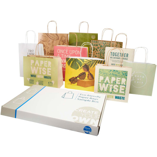 Box campionatura sacchetti assortiti realizzati con scarti agricoli e carta kraft personalizzato con logo - Pubblienne