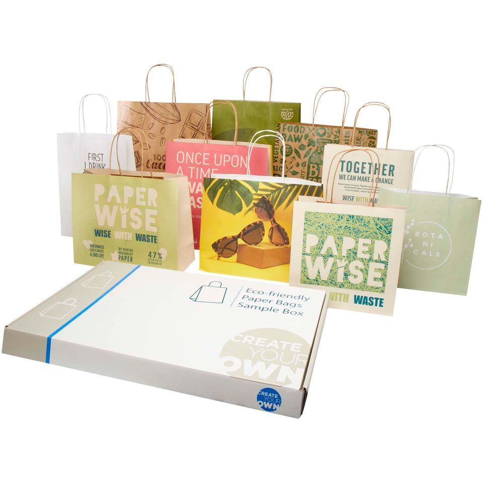 Box campionatura sacchetti assortiti realizzati con scarti agricoli e carta kraft personalizzato con logo - Pubblienne