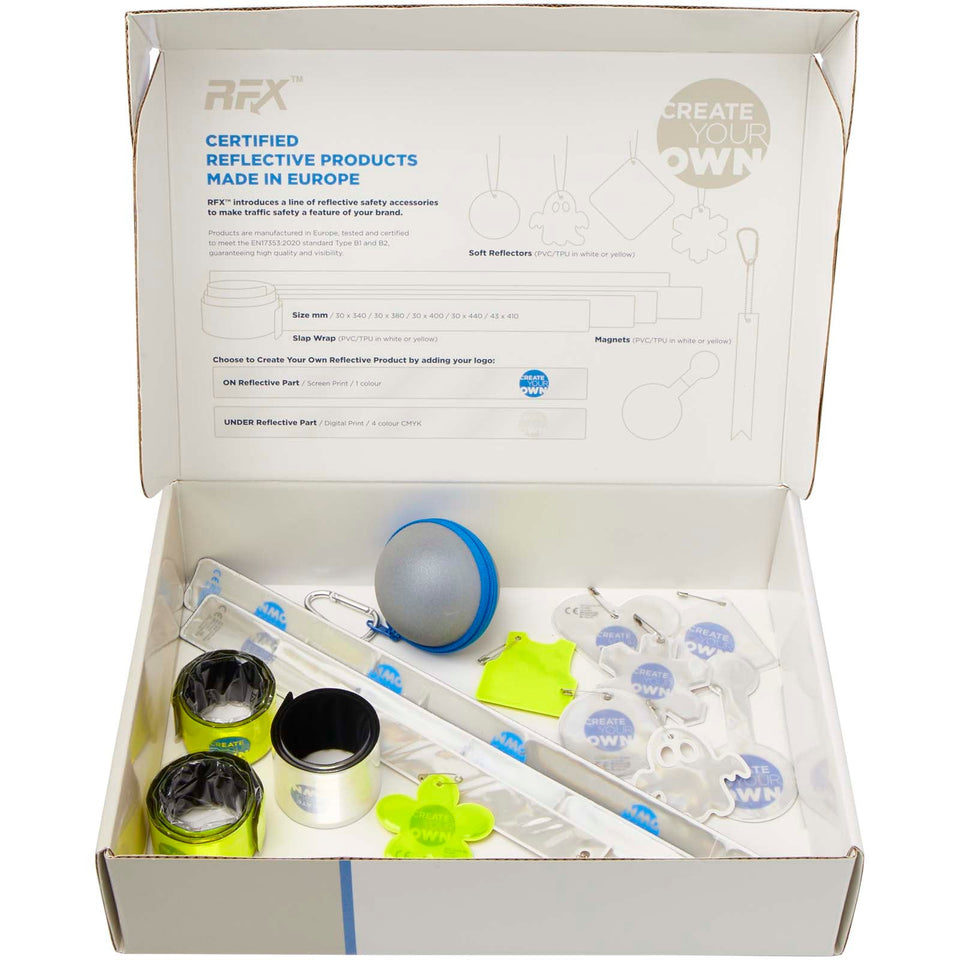 Box campionatura prodotti catarifrangenti assortiti personalizzato con logo - Pubblienne