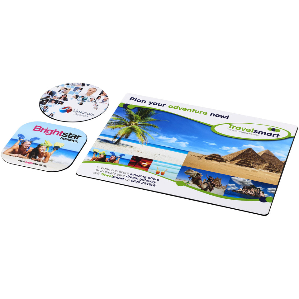 Set Brite-Mat® 1 con tappetino per mouse e sottobicchieri personalizzato con logo - Pubblienne
