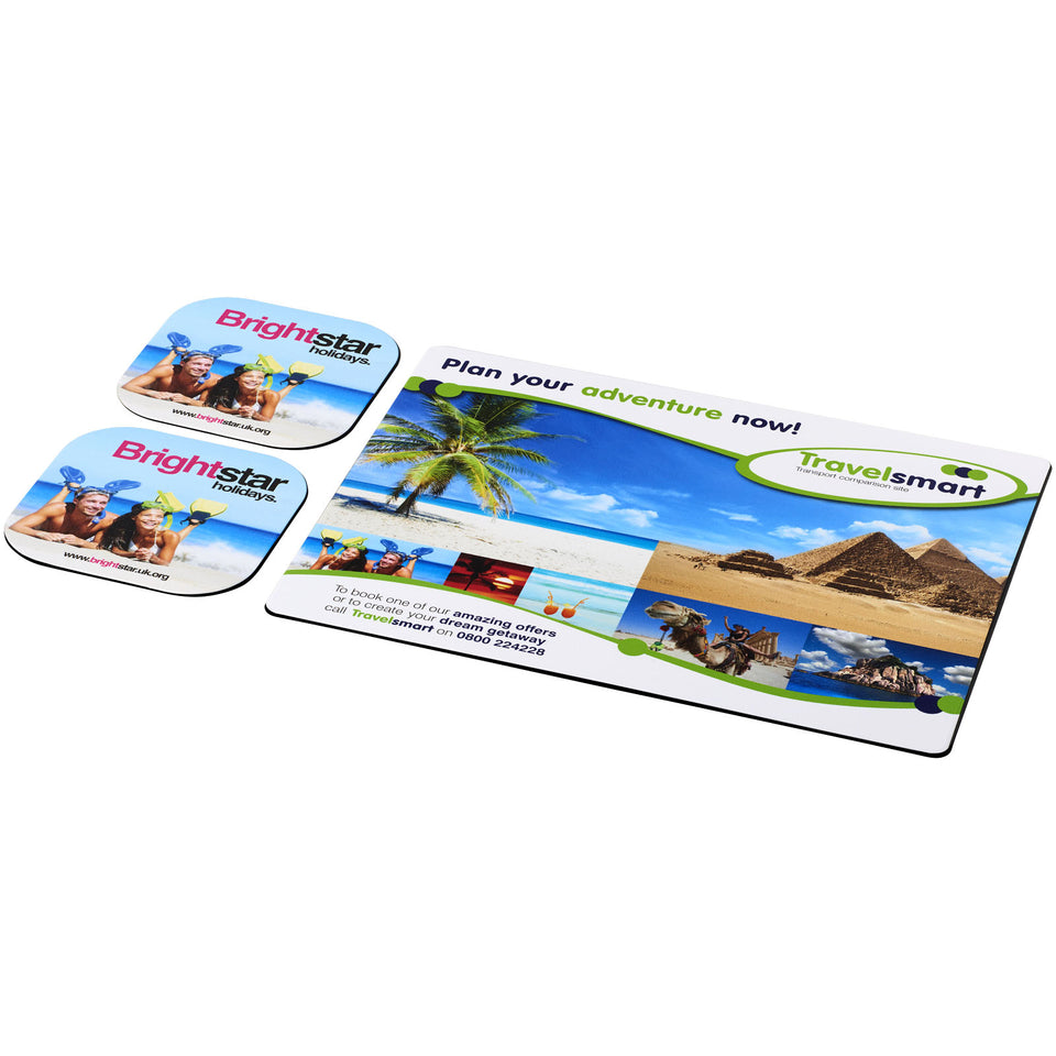 Set Brite-Mat® 3 con tappetino per mouse e sottobicchieri personalizzato con logo - Pubblienne