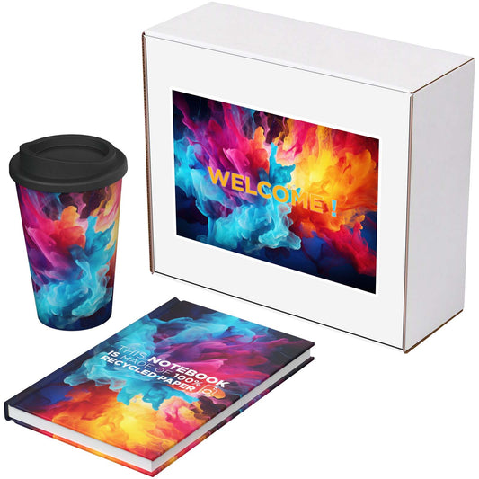 Set regalo riciclato Keswick, Taccuino Novella Brontë e bicchiere Americano personalizzato con logo - Pubblienne