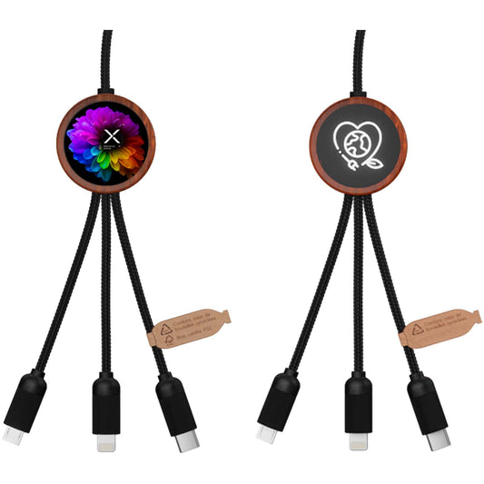 Cavo di ricarica da 40 W 5 in 1 in rPET riciclato con logo luminoso e custodia rotonda in legno SCX.design C37 personalizzato con logo - Pubblienne