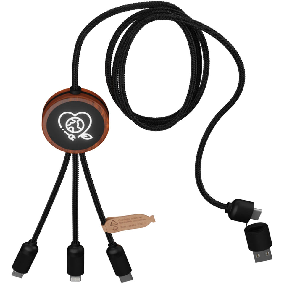 Cavo di ricarica da 40 W 5 in 1 in rPET riciclato con logo luminoso e custodia rotonda in legno SCX.design C37 personalizzato con logo - Pubblienne
