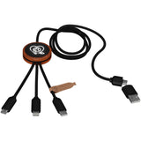 Cavo di ricarica da 40 W 5 in 1 in rPET riciclato con logo luminoso e custodia rotonda in legno SCX.design C37 personalizzato con logo - Pubblienne