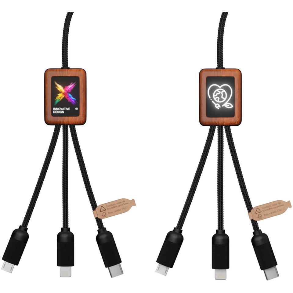 Cavo di ricarica 5 in 1 da 40 W in rPET riciclato con logo luminoso e custodia quadrata in legno SCX.design C38 personalizzato con logo - Pubblienne
