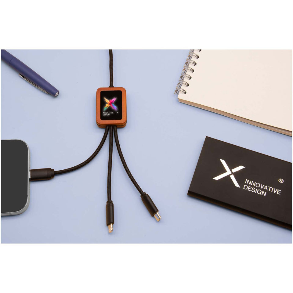 Cavo di ricarica 5 in 1 da 40 W in rPET riciclato con logo luminoso e custodia quadrata in legno SCX.design C38 personalizzato con logo - Pubblienne