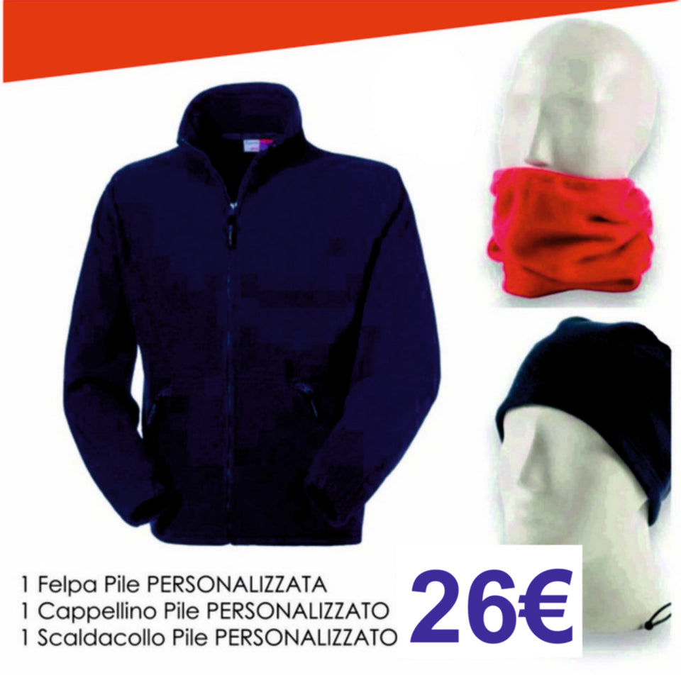 Felpa Pile + Scaldacollo + Cappellino Pile personalizzato con logo - Pubblienne