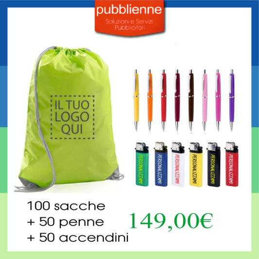 100 sacche + 50 penne + 50 accendini personalizzato con logo - Pubblienne