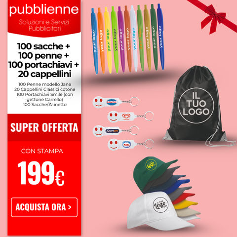 100 sacche + 100 penne + 100 portachiavi + 20 cappellini personalizzato con logo - Pubblienne