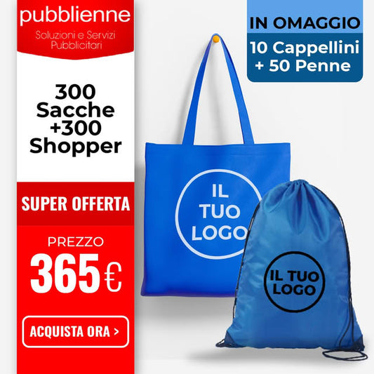 300 Sacche + 300 Shopper + 10 Cappellini + 50 Penne OMAGGIO personalizzato con logo - Pubblienne