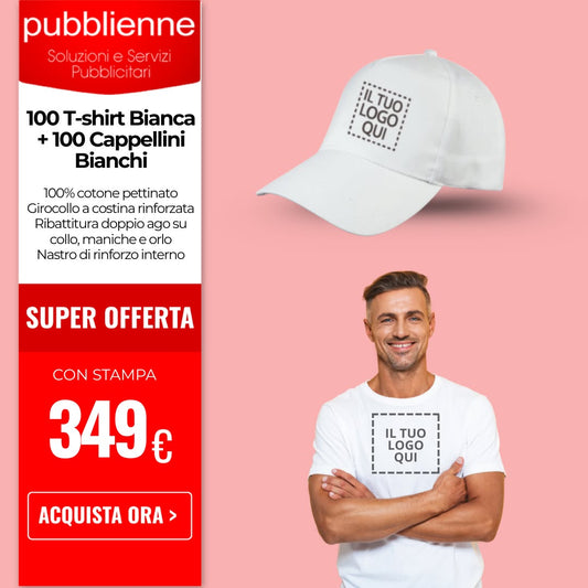 100 T-shirt Bianca + 100 Cappellini Bianchi personalizzato con logo - Pubblienne