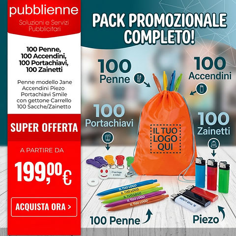 100 Penne, 100 Accendini, 100 Portachiavi, 100 Zainetti personalizzato con logo - Pubblienne
