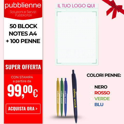 OFFERTA 50 Block notes A4 + 100 Penne personalizzato con logo - Pubblienne