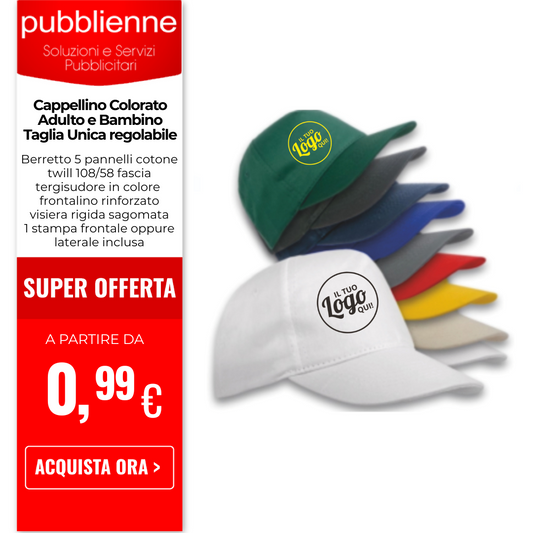 Cappellino Colorato - Adulto e Bambino - Taglia Unica regolabile personalizzato con logo - Pubblienne