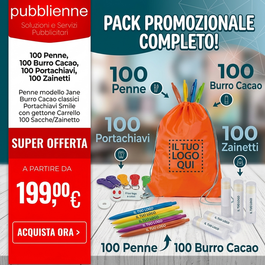 100 Zainetti, 100 Penne, 100 Portachiavi, 100 Burro Cacao Personalizzati - Pubblienne