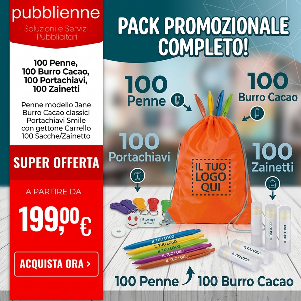 100 Zainetti, 100 Penne, 100 Portachiavi, 100 Burro Cacao Personalizzati - Pubblienne