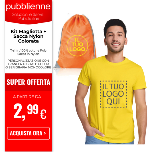 Kit Maglietta  + Sacca Nylon Colorata personalizzato con logo - Pubblienne