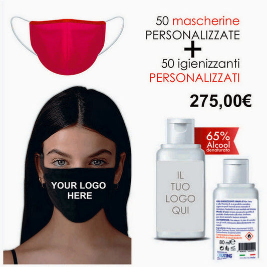 50 Mascherine Lavabili + 50 Gel Igienizzante personalizzato con logo - Pubblienne
