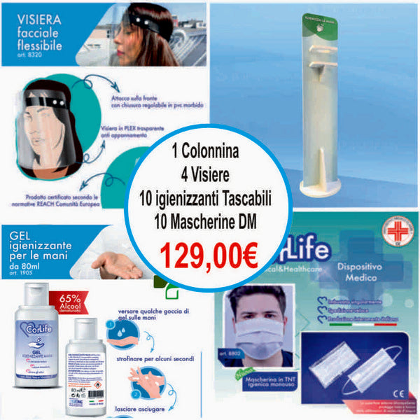1 Colonnina, 4 Visiere, 10 Igienizzanti Tascabili , 10 Mascherine personalizzato con logo - Pubblienne