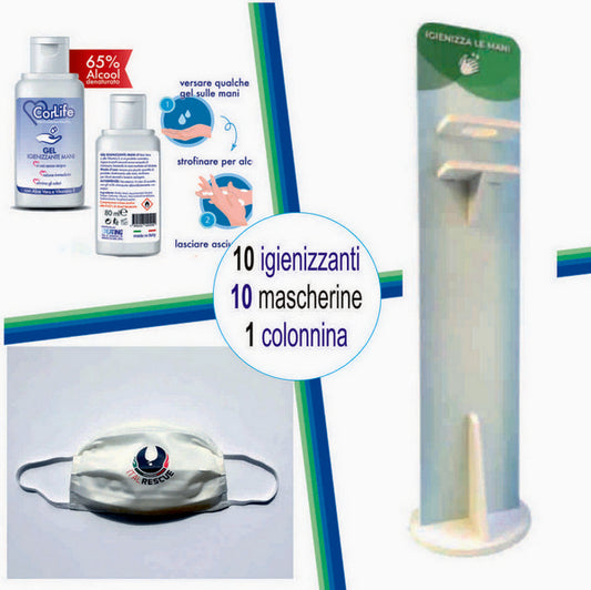 10 Igienizzanti Tascabili - 10 Mascherine Personalizzate - 1 Colonnina Igienizzante personalizzato con logo - Pubblienne