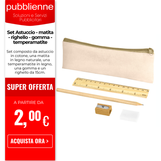 Set Astuccio - matita - righello - gomma - temperamatite personalizzato con logo - Pubblienne