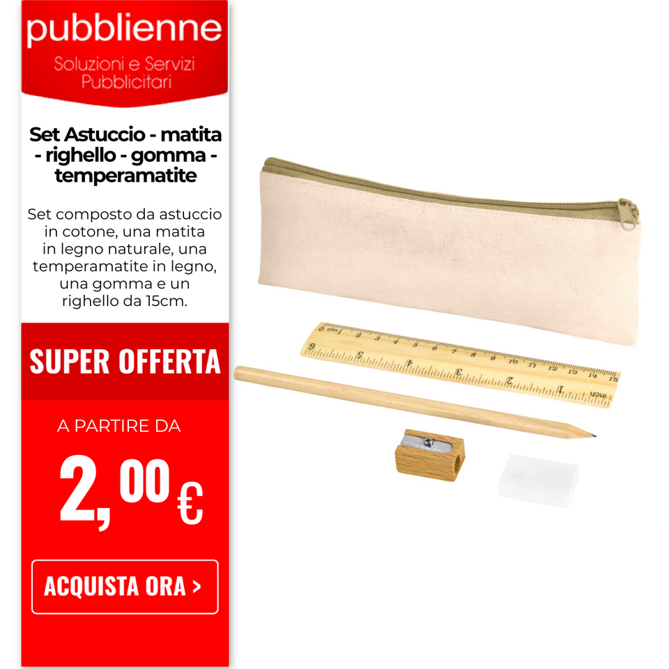 Set Astuccio - matita - righello - gomma - temperamatite personalizzato con logo - Pubblienne