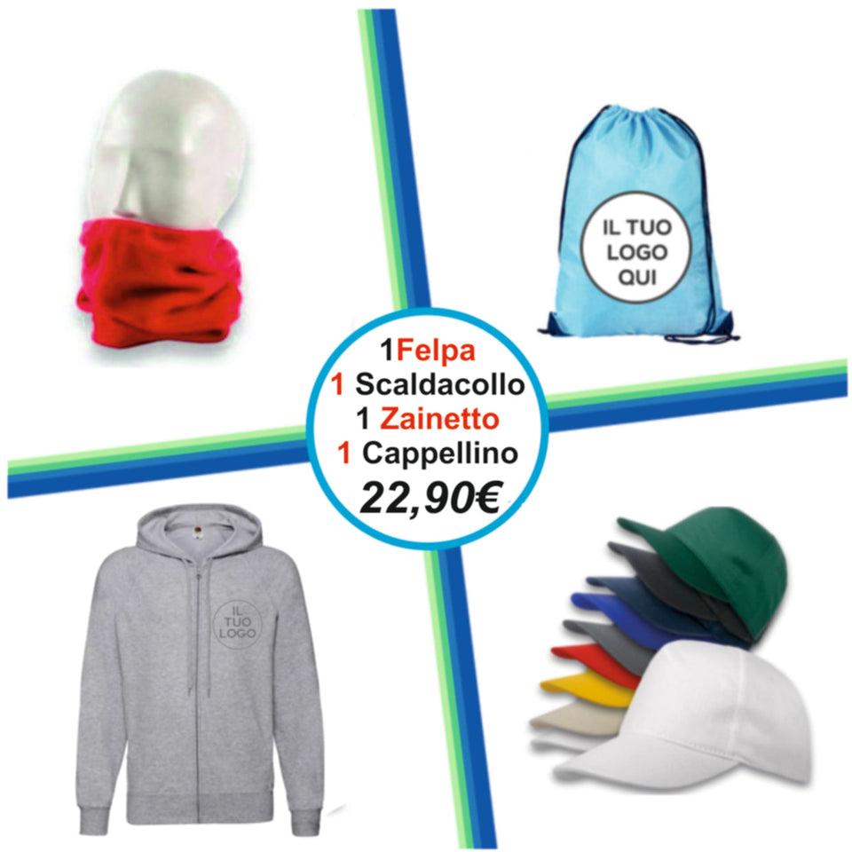 Kit Felpa, Scaldacollo, Zainetto, Cappellino personalizzato con logo - Pubblienne