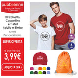 Kit Zainetto, Cappellino e     T-shirt      - Adulto e Bimbo personalizzato con logo - Pubblienne