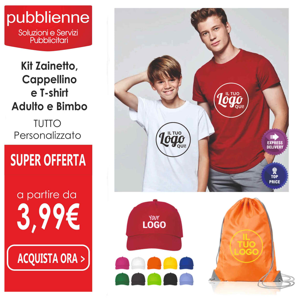 Kit Zainetto, Cappellino e     T-shirt      - Adulto e Bimbo personalizzato con logo - Pubblienne