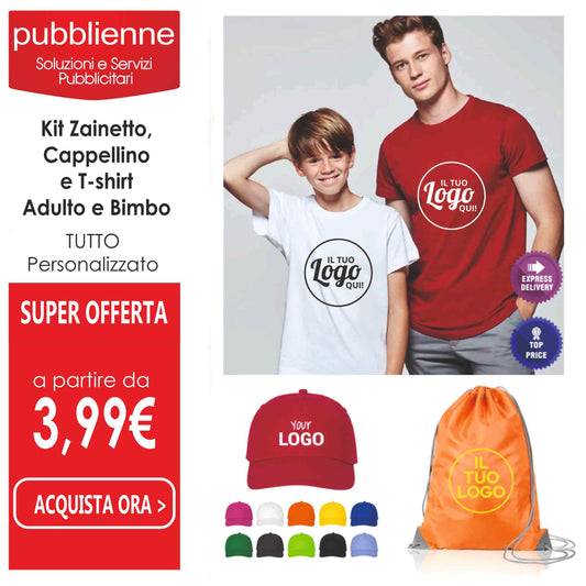 Kit Zainetto, Cappellino e     T-shirt      - Adulto e Bimbo personalizzato con logo - Pubblienne
