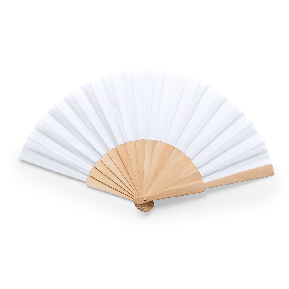 6028 - Ventaglio con stecche in legno e tessuto in poliestere personalizzato con logo - Pubblienne